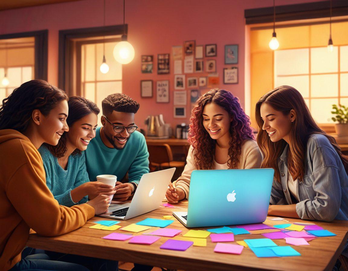 A vibrant digital illustration of a diverse group of people gathered around a glowing laptop, sharing ideas and collaborating in a cozy café environment. Include elements like colorful sticky notes, coffee cups, and laptops with social media icons. Show a sense of connection and community, with warm lighting and engaging expressions. Blend in soft pastel colors for a welcoming feel. vector art. vibrant colors.