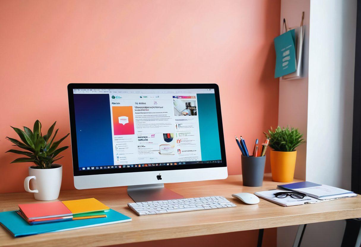 A visually appealing and modern workspace featuring a laptop with a dynamic blog post on the screen, surrounded by colorful stationery and a steaming cup of coffee. In the background, a large wall filled with trending blogs and infographics to signify knowledge sharing, alongside a bright window letting in natural light. The scene conveys creativity, engagement, and professionalism. super-realistic. vibrant colors. soft focus.